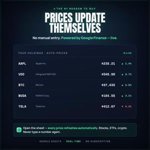 May include: Dark teal graphic with the text "PRICES UPDATE THEMSELVES" and stock information. The image displays real-time stock data for AAPL, VOO, BTC, NVDA, and TSLA. The text "Open the sheet - every price refreshes automatically."