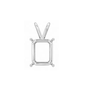 May include: A silver-toned metal pendant setting featuring a rectangular frame with four prongs at the corners and a V-shaped bail at the top. The setting is designed to hold a gemstone and has a polished, reflective metallic finish.