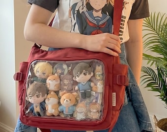 Große Canvas Ita Crossbody Bag, Retro Anime Display, Harajuku Messenger Geldbörse, Pin Fenster Tote