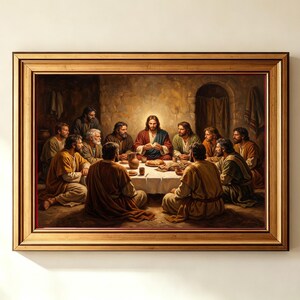 May include: A framed wall art print depicting the Last Supper, featuring a central figure with a glowing halo seated at a table with twelve individuals in robes. The scene is set in a dimly lit room with warm earth tones and a gold-colored frame.