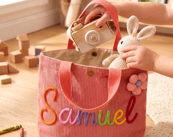 Personalized Kids Corduroy Bag, Custom Name Toddler Tote with Rope Embroidery, Flower Accessory Small Purse, Cute Birthday Gift