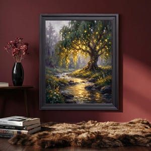 May include: A framed wall art print depicting a large willow tree with glowing yellow lights hanging from its branches, situated beside a flowing stream with rocky banks and small yellow flowers, all rendered in a painterly style with dark tones.