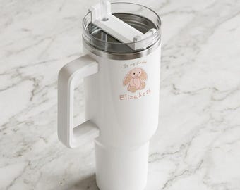 Custom Name Stanley Tumbler with Handle and Straw 40 oz - Cute Pink Floral Bunny Tumbler for Girls