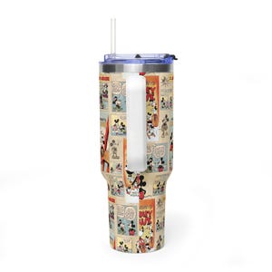 May include: A stainless steel tumbler featuring a vintage Mickey Mouse comic strip design. The tumbler has a white handle, a clear straw, and a blue lid. The design includes panels with Mickey Mouse illustrations and text.