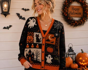 Halloween Cardigan, Spooky Ghost Black Cat Pumpkin Sweater, Haunted House Button Up, Print Knit Effect Fall Outfit