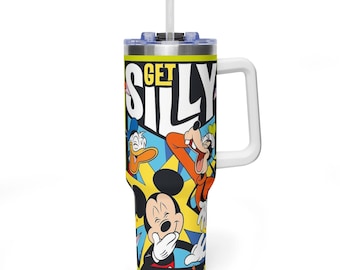 Get Silly Mickey Mouse 40oz Tumbler with Handle, Retro Comic Panel Quencher, Vibrant Goofy Donald Travel Mug