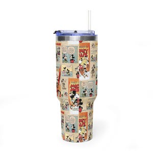 May include: A tall, insulated tumbler featuring a collage of vintage Mickey Mouse comic strips. The tumbler has a blue lid, a white straw, and a wrap-around design with panels from classic Disney comics. The overall color scheme is beige, red, and black.
