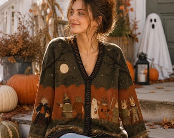 Cottagecore Halloween Cardigan, Woodland Animal Knit Sweater, Ghost Pumpkin Fall Cardigan, Cozy Autumn Outfit