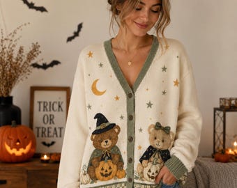 Halloween Bear Cardigan, Cute Teddy Bear Pumpkin Sweater, Witchy Fall Button Up, Print Knit Effect Cardigan for Women