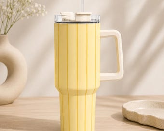 Gobelet à rayures jaunes avec anse et paille 40 oz, tasse isotherme esthétique pastel