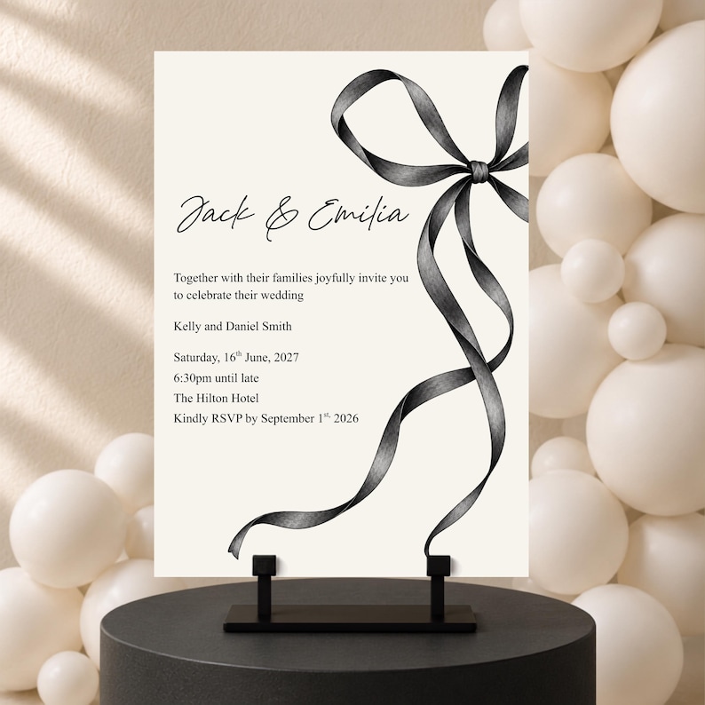 Minimalist Wedding Invitation, Modern Black Bow Wedding Invite Minimalist Wedding Invitation, Modern Black Bow Wedding Invite