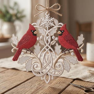 FSL Red Cardinal Christmas Ornament Embroidery Design, Free Standing Lace Winter Bird Decoration, Holiday Machine Embroidery File