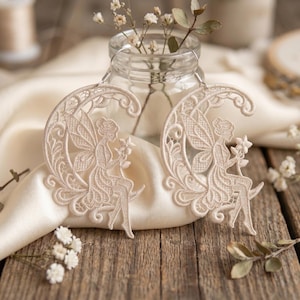 Fairy Moon Embroidery Earrings & ornament Design FSL Lace Earrings Machine Embroidery File Celestial Crescent Moon Jewelry Pattern