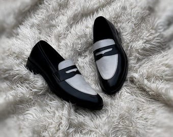 Luxury Two-Tone Leather Loafers for Men | Handmade Black & White Dress Shoes
