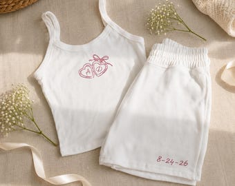 Personalized Bride Pajama Set, Custom Embroidered Initials Sleepwear, Bridal Getting Ready Outfit, Wedding Morning PJs