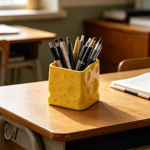 Cute Cheese Makeup Brush Holder, Ceramic Pen Pot for Desk, Quirky Pencil Organizer & Funny Foodie Gift for Student or Her