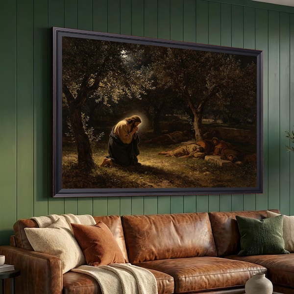 Jesus Praying Garden Gethsemane Canvas Print, Night Olive Grove Biblical Painting