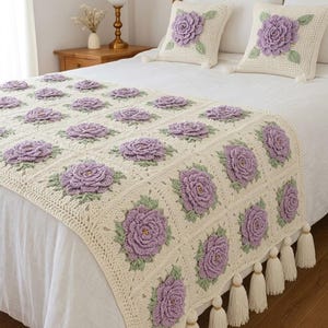 Patrón de manta de ganchillo 3D con diseño de rosas / Manta cuadrada floral estilo abuela, funda de almohada (descarga en PDF)