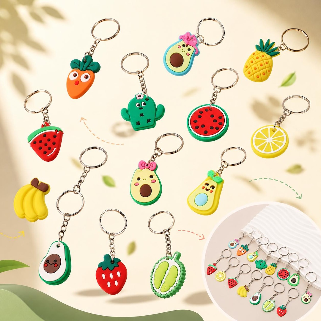 Cute Fruit Keychain Set, Kawaii Avocado Charm, Funny Silicone Keyring ...