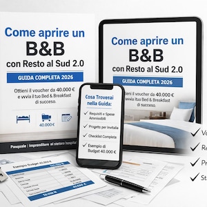 Può includere: Immagine di un libro, un tablet e uno smartphone con il titolo "Come aprire un B&B". Il libro e il tablet mostrano lo stesso testo. Lo smartphone mostra un elenco di argomenti. Sono visibili anche chiavi, documenti e una penna.