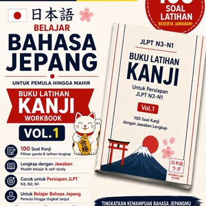 Puede incluir: Un libro de ejercicios de lengua japonesa titulado BUKU LATIHAN KANJI VOL.1 para la preparación del JLPT N3-N1. La portada muestra un gato de la suerte blanco, un sol rojo, una puerta torii y flores de cerezo con 100 ejercicios.