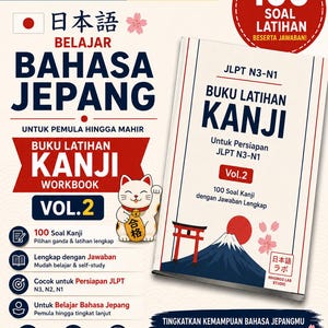 May include: A Japanese language study workbook titled BUKU LATIHAN KANJI VOL.2 for JLPT N3-N1 preparation. The cover features a white background with red and blue text, a graphic of a maneki-neko cat, a red torii gate, Mount Fuji, and cherry blossoms.