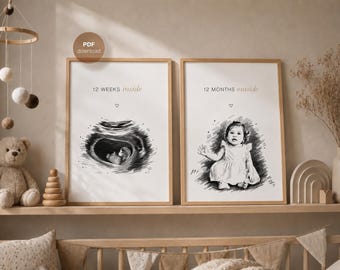 Personalized Ultrasound & Baby Poster Set | Baby Portrait Illustration | Baby Keepsake | 12 Weeks Inside 12 Months Outside