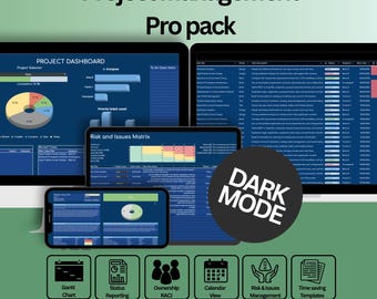 Hoja de cálculo para gestión de proyectos en modo oscuro: Panel de control, diagrama de Gantt, planificador, calendario, informes (Google Sheets, Excel)