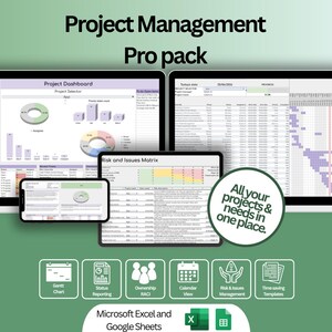May include: Project Management Pro pack digital template set for Microsoft Excel and Google Sheets. Displays a project dashboard, risk and issues matrix, and Gantt charts on laptop, tablet, and smartphone screens with icons for status and tracking.
