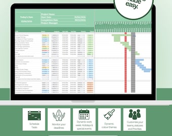 Plantilla de diagrama de Gantt: Seguimiento de tareas para empresas y proyectos. Planificación e informes de proyectos (Descarga digital en Excel y Google Sheets).