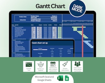 Dark Mode Gantt Chart Template: For Businesses and Projects. Schedule, Track and Report (Excel Google Sheets Digital download)