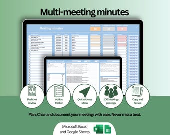 Meeting Minutes Template: Meeting Minutes | Agendas | Action Tracker (Google Sheets & Excel Digital download)