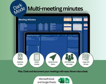 Dark mode Meeting Minutes Template: Meeting Minutes | Agendas | Action Tracker (Google Sheets & Excel Digital download)