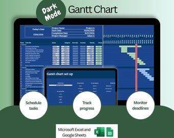 Dark Mode Gantt Chart Template: For Businesses and Projects. Schedule, Track and Report (Excel Google Sheets Digital download)