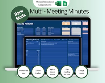 Dark mode Meeting Minutes Template: Meeting Minutes | Agendas | Action Tracker (Google Sheets & Excel Digital download)