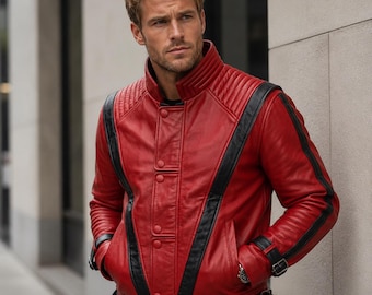 Retro Pop Star Michael Jackson Inspired Red Leather Biker Jacket, Black Stripe Accent
