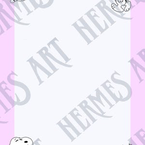 Könnte beinhalten: Ein hellrosa und weißer Notizblock mit Snoopy-Illustrationen in jeder Ecke. Das Wort "NOTES" ist oben in Schwarz geschrieben. Der Hintergrund hat ein sich wiederholendes Muster der Wörter "ART HERMES".