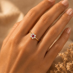 Floral Ruby Ring Gold Daisy Ring Diamond Flower Ring Dainty Engagement Ring Stacking Jewelry Birthday Gift for Her