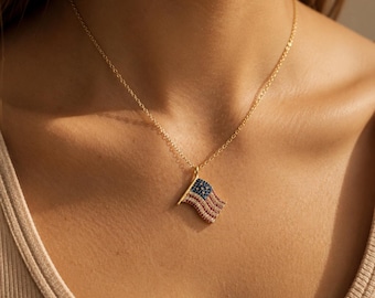 American Flag Jewelry Necklace, Gold USA Pendant, Patriotic Minimalist Necklace, 14K Gold Gift for Men Women, Father Days Gift