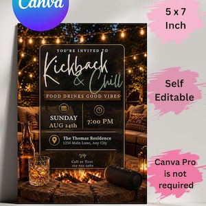 Puede incluir: Una plantilla de invitación de 5 x 7 pulgadas con una escena nocturna al aire libre, luces de cadena, una fogata, un vaso de whisky y un altavoz. El texto dice: You're invited to Kickback & Chill, Food Drinks Good Vibes, Sunday Aug 24th, 7:00 PM.