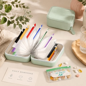 Può includere: Un organizer per pillole verde chiaro con più sacchetti trasparenti, ciascuno etichettato con una linguetta di colore diverso. Sono visibili anche una piccola custodia con cerniera abbinata e una bustina per pillole con la scritta "14 Packs A8". Una carta recita "Promemoria giornaliero".