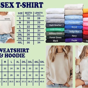 May include: Image features a size chart for unisex t-shirts and sweatshirts/hoodies, with measurements in inches. Includes a color palette with options like white, black, and orange. Two women model the apparel.