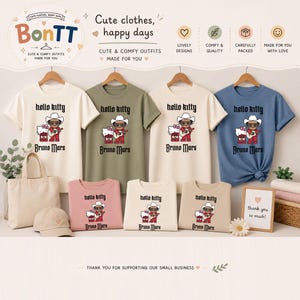 May include: A display of t-shirts and sweatshirts featuring a Hello Kitty and Bruno Mars graphic. The shirts are in various colors, including white, olive green, and blue. The text "hello kitty" and "Bruno Mars" are printed on the front. The image also includes a tote bag and a baseball cap.