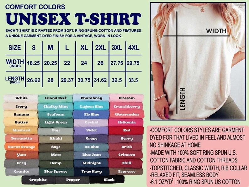 May include: Cream-colored unisex t-shirt with size and color options. The shirt features a relaxed fit, classic width, and is made of soft ring-spun cotton. Available in sizes S to 4XL, with width measurements from 18.25 to 29.75 inches.
