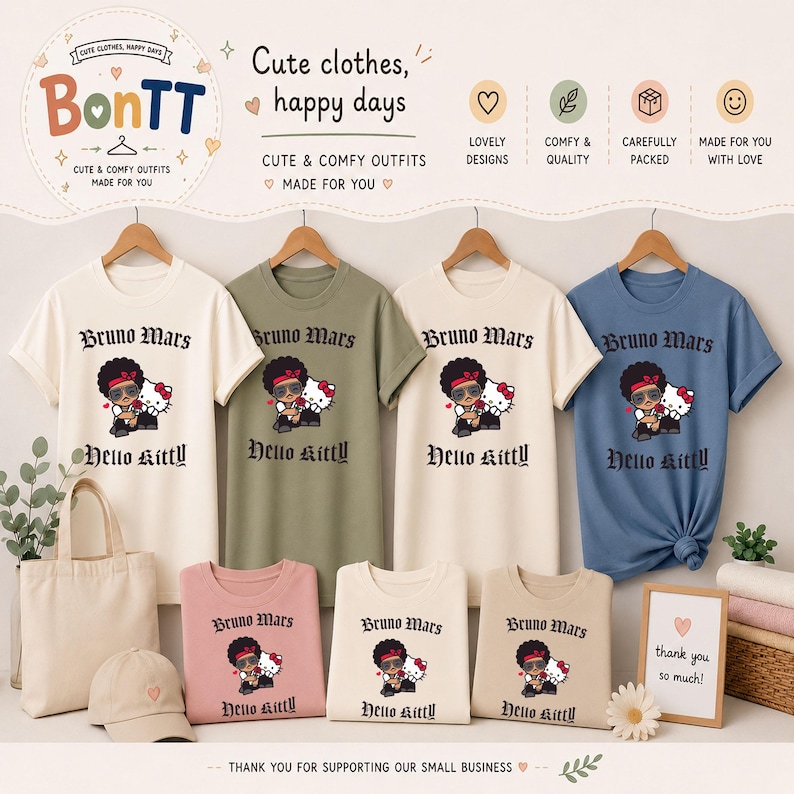 May include: A display of t-shirts in various colors, including white, olive green, and blue, featuring a graphic of Bruno Mars with Hello Kitty. The shirts are part of a collection of cute and comfy outfits. The text "Bruno Mars" and "Hello Kitty" are printed on the shirts.