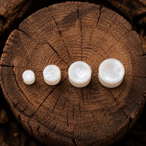 Peut inclure: Quatre écarteurs d'oreilles circulaires disposés en rangée du plus petit au plus grand. Chaque écarteur présente une surface blanche irisée et lisse avec une finition polie, révélant un léger éclat nacré sur le dessus du corps cylindrique.