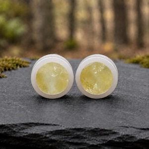Op de afbeelding: Een paar ronde oorplugs met een doorschijnend, lichtgeel kristallijn centrum ingesloten in een gladde, ondoorzichtige witte rand. De plugs hebben een plat vooroppervlak en een gepolijste afwerking, die de natuurlijke textuur van de steen laat zien.