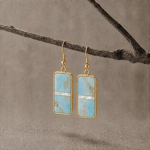 Hemimorphite Earrings Gold Plated, Rectangle Mother of Pearl Inlay Dangle, Blue Stone Bar Drop Earrings, Boho Minimalist Jewelry for Her