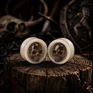 May include: A pair of circular ear plugs featuring a smooth, off-white outer rim and a dark, translucent, carved skull centerpiece. The skull design is detailed with visible eye sockets, a nasal cavity, and teeth, set within the center of each plug.