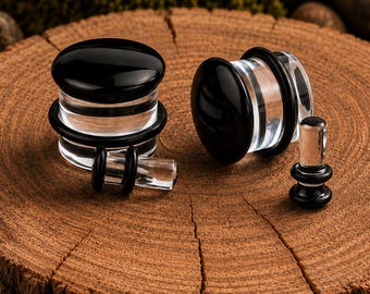 Dilatatori per orecchie a singola svasatura, in vetro nero con area indossabile trasparente e O-ring, da 3 mm a 16 mm, gioielli per orecchie dilatate